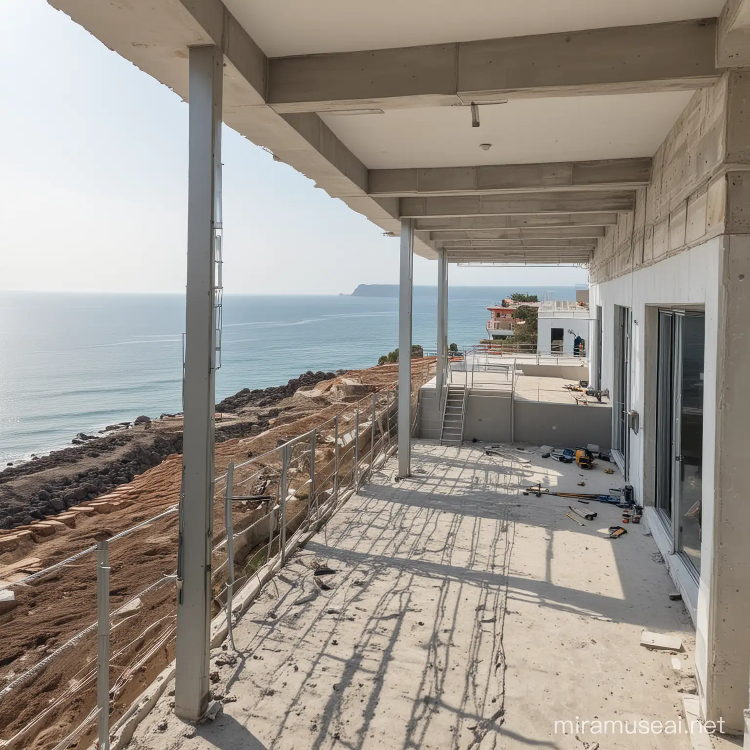 a modern and sleek construction site of a modern villa near the sea, there are no workers and is broad daytime. The view is a little bit from up and  to the side