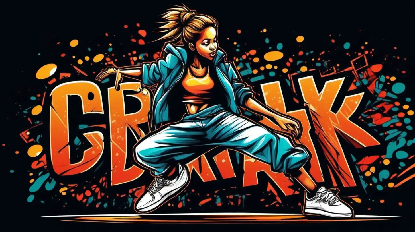 girl break dancer in street art  cartoon style on a black background