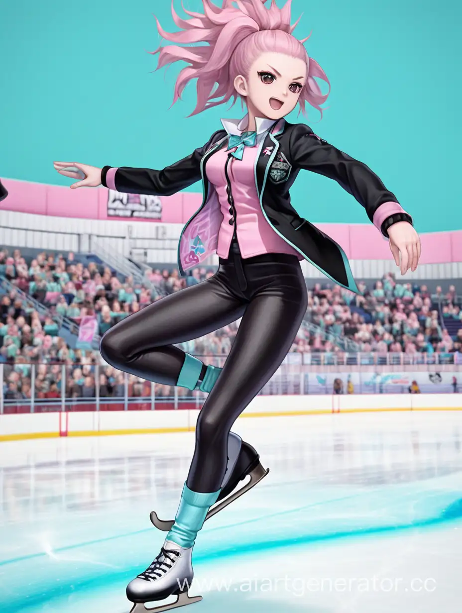 The "Absolute figure skater" from the Danganronpa series of games. She is wearing figure skating clothes, a pale turquoise suit.  The suit is wearing an unbuttoned black jacket. The girl's hair is dyed light pink. She's rolling on the ice
