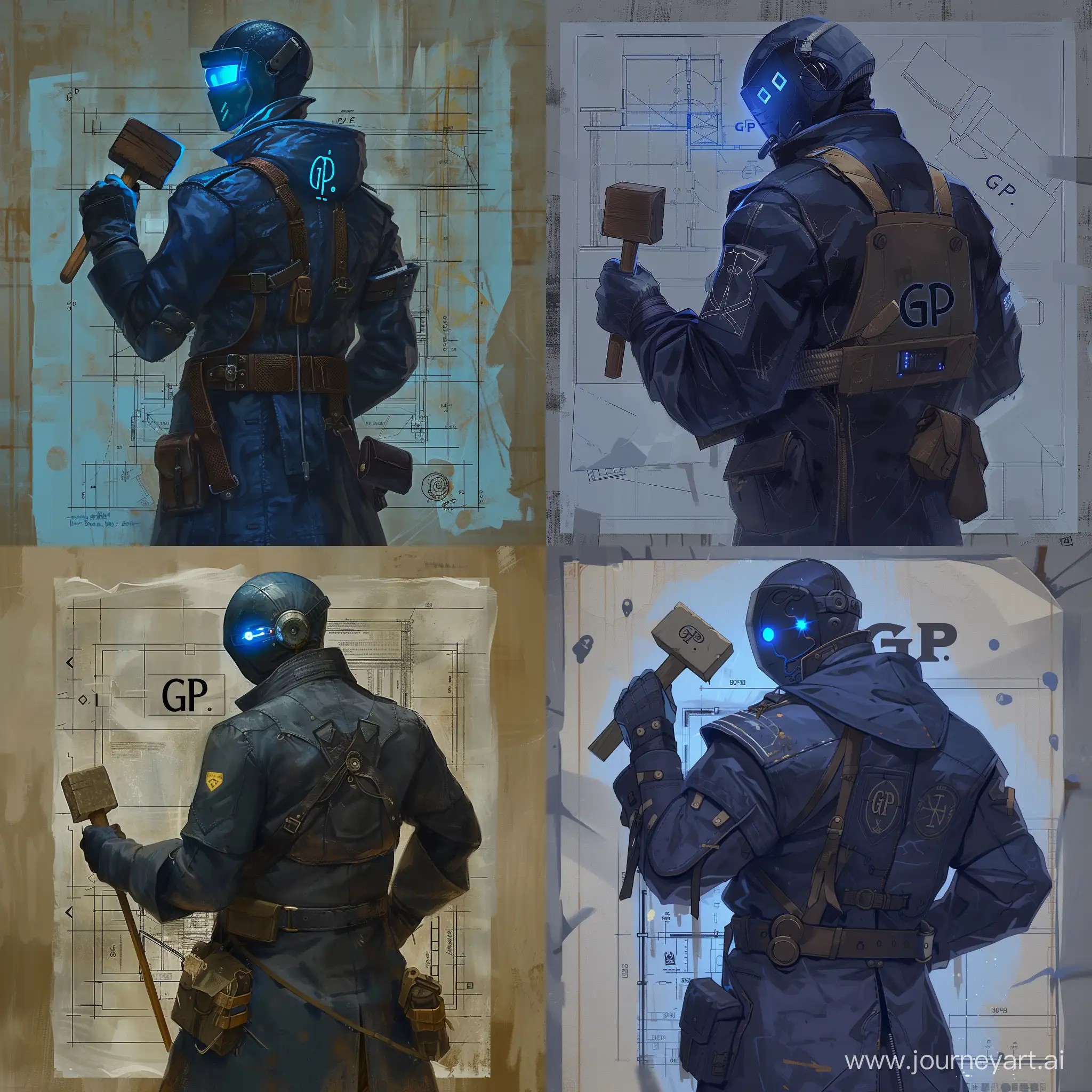 character dressed in a dark-blue uniform and mask, he holding small square wooden mallet in hand, there is a blueprint in his other hand, he has glowing blue eyes, and a long jacket with the inscription GP, character staying his turned back and looking behind throught his shoulder, there is an old blueprint on background.