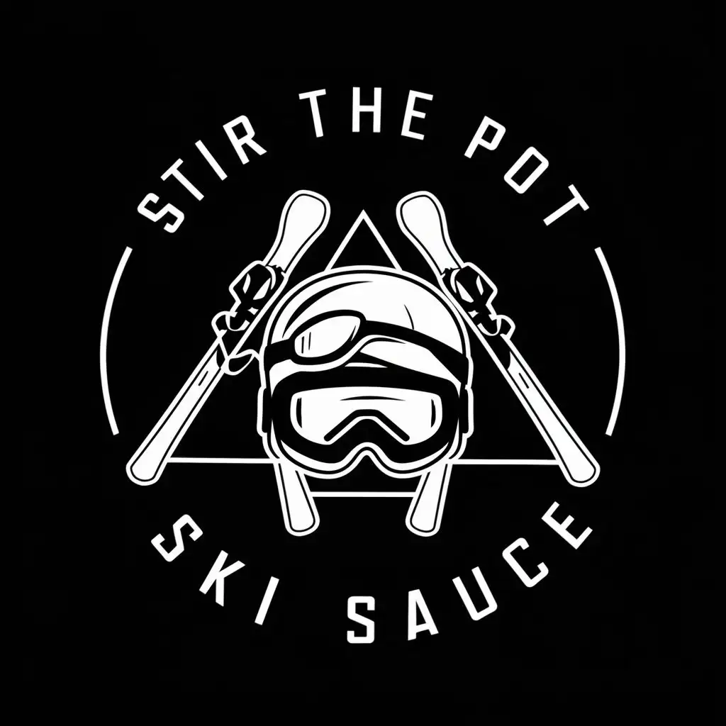 logo, All seeing eye looks like an eye with skis as the pyramid, the eye is a ski helmet with goggles upside down is a cauldron and ski polls sticking out. It says “stir the pot” around the logo in a circle, with the text "Ski Sauce", typography, be used in Sports Fitness industry