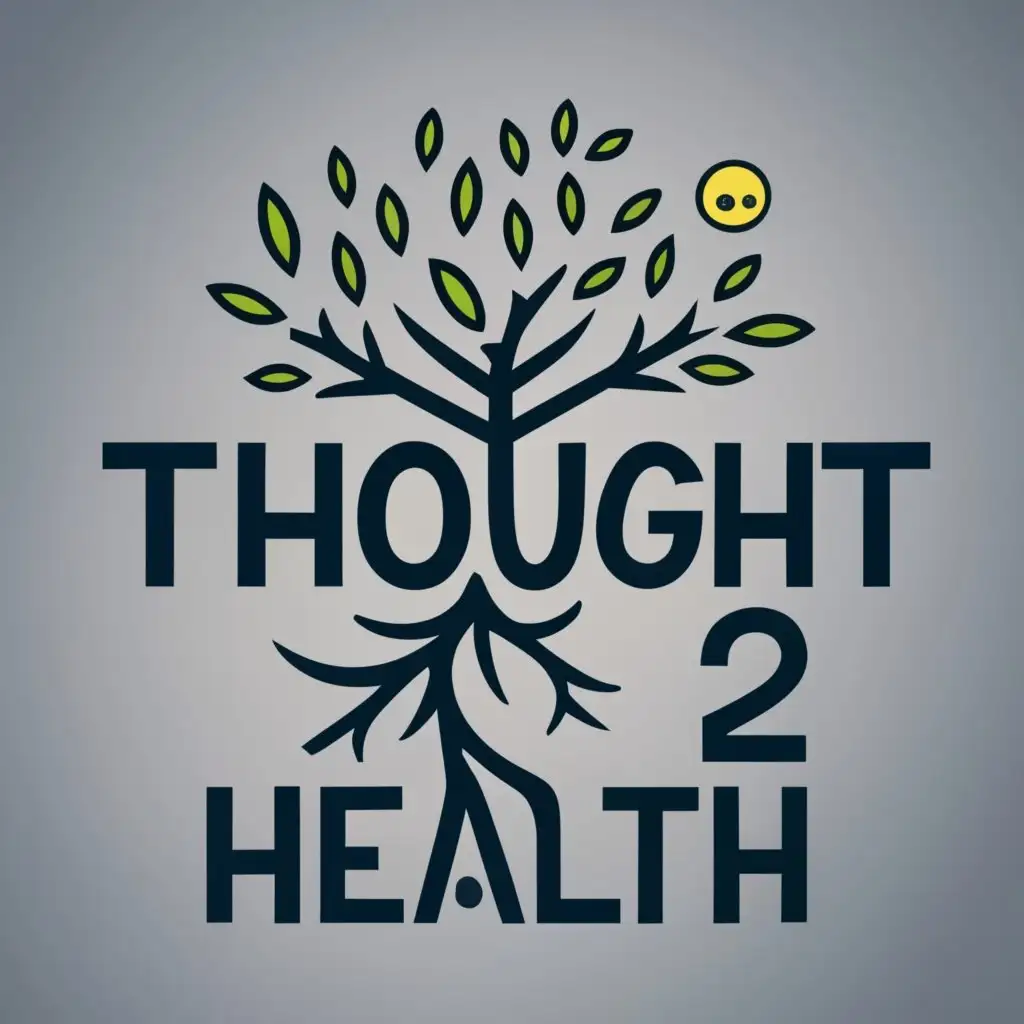 logo, emoticon and root, with the text "Thought 2 Health", typography