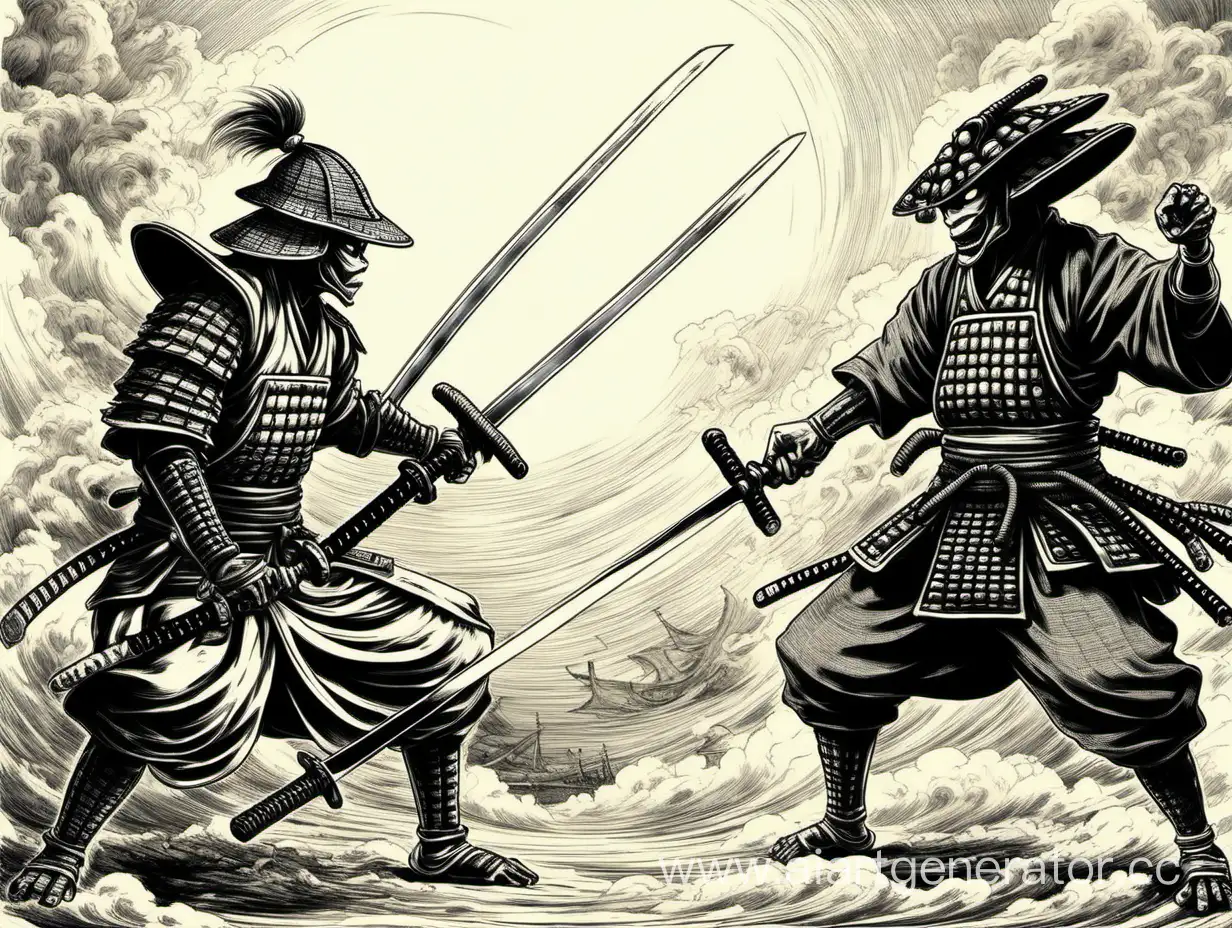 самурай и пришелец дерутся на мечах