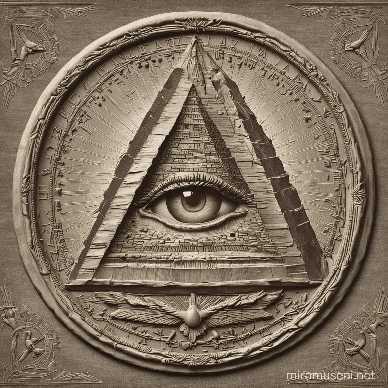 Create an intricate illustration showcasing the Great Seal of the United States with a focus on the pyramid and the Eye of Providence in a retro engraving style. No Text