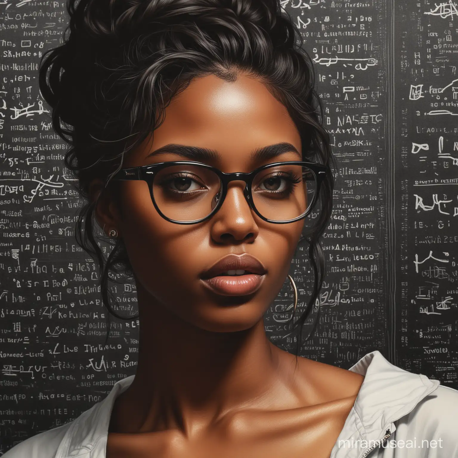 The image features a woman with glasses. The content mentions "Nas" and "Illmatic." The tags include human face, poster, person, forehead, clothing, and glasses.Black woman beautiful face is shown.  The woman's body parts such as chest, thigh, stomach, and abdomen are visible.painterly smooth, extremely sharp detail, finely tuned detail, 8 k, ultra sharp focus, illustration, illustration, art by Ayami Kojima Beautiful Thick Black