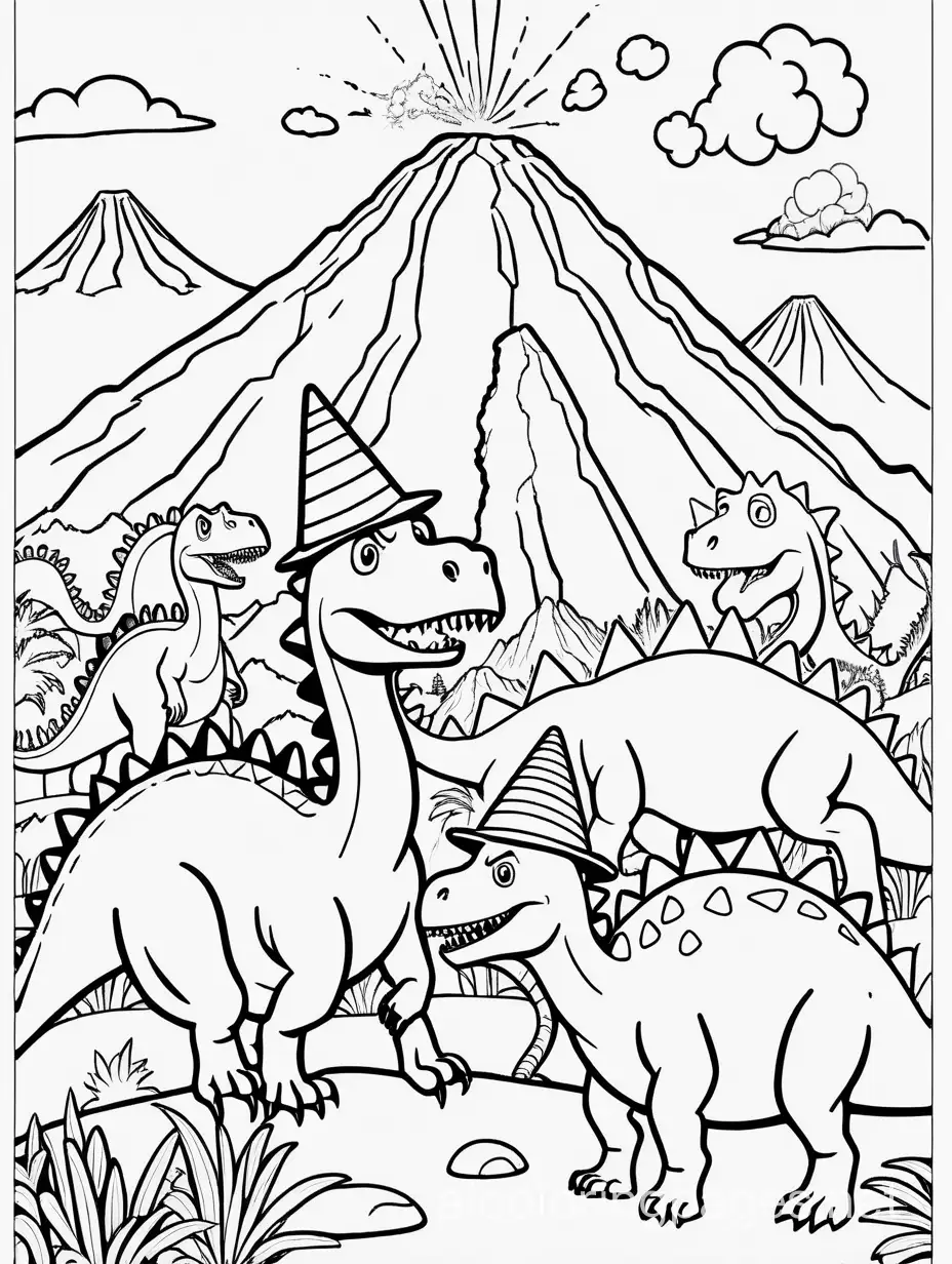 Dinosaur-Party-Coloring-Page-Prehistoric-Celebration-with-Volcano-Eruption