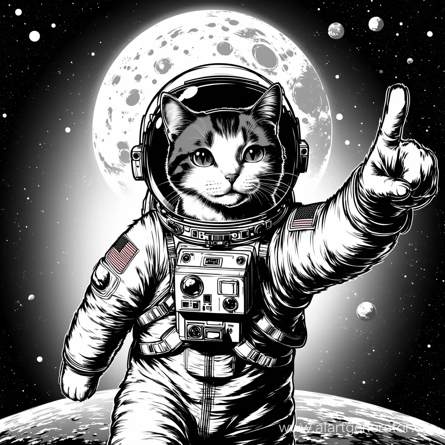 Monochrome-Cat-Astronaut-Pointing-in-Spacesuit