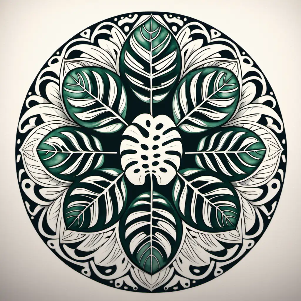 Sacred Mandala Design with Vibrant Monstera Leaves