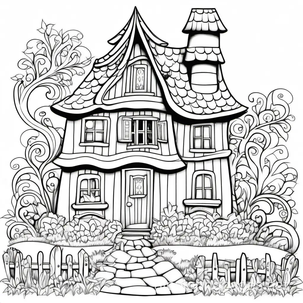 Fantasy-Storybook-Cottage-Coloring-Page-Clean-Lines-and-Swirling-Folk-Art-Style