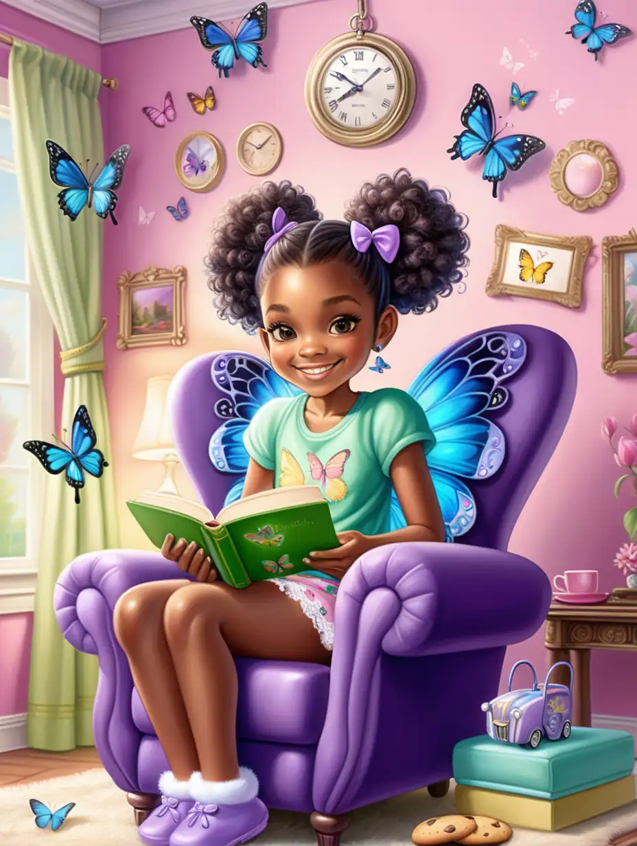 Create an airbrush art cartoon of an African American young girl with a radiant smile looking at the audience is engaged in reading a green book with butterflies on the cover. She's comfortably seated in a fluffy, oversized purple armchair that seems to envelop her small frame. Her hair is styled into two adorable ponytails, adorned with an array of colorful butterfly bows that cascade down like a playful chandelier. She wears a cozy, butterfly pajama top and bottom with a distinctive white lace trim, and her comfortable look is completed with classic butterfly fluffy house shoes. Beside her, a bedroom side table, is a spread of a teacup with butterfly design and some chocolate chip cookies. The background is a intricately designed bedroom with a hot pink, black and white theme with butterflies designs on her walls and bedding symbolizing the love and joy found in this moment of simple pleasure