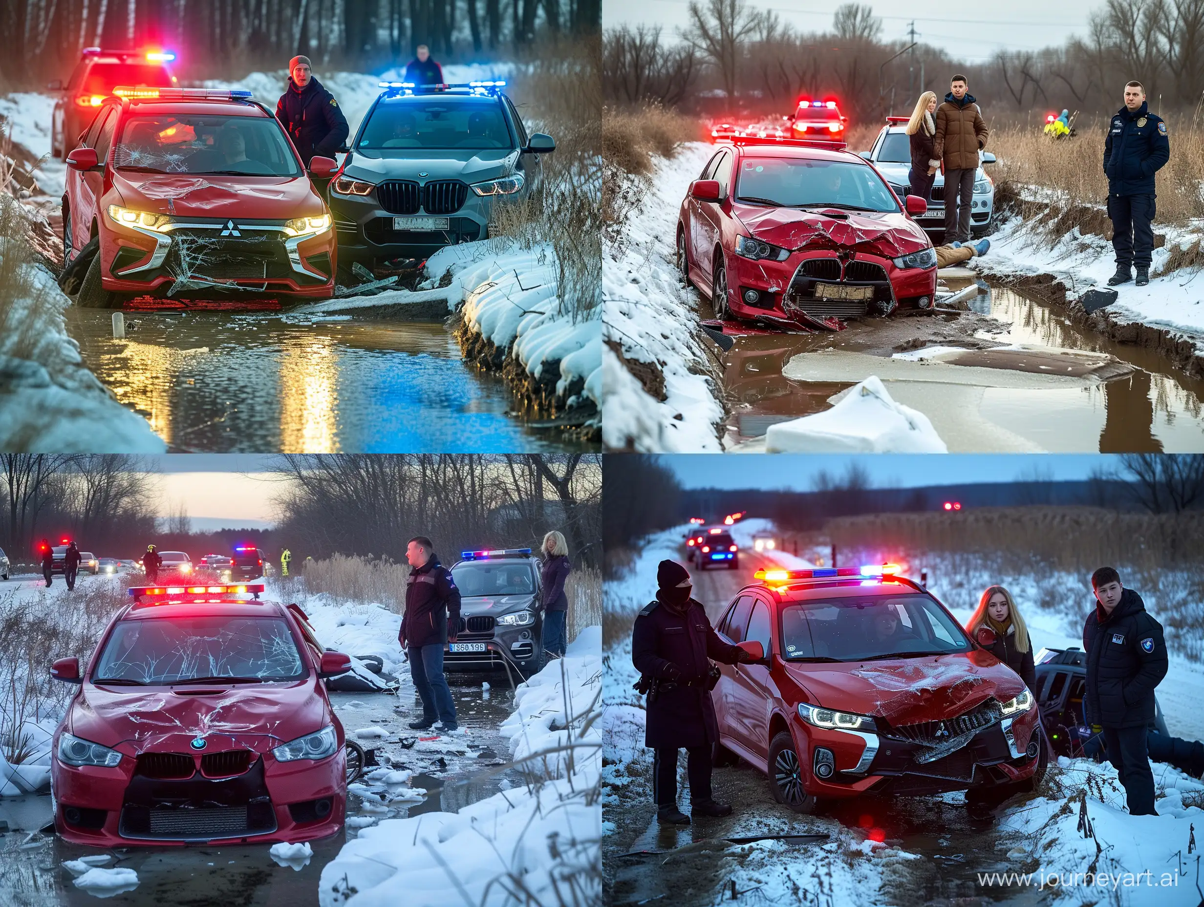 An accident in winter in Russia, a red Mitsubishi lancer 10 crashed into the back of a new BMW x5, a guy was driving a Mitsubishi, the passengers were: a blonde girl and a tall brunette guy. There are police with flashing lights nearby. Lancer's front is broken. The BMW is lying in a ditch.