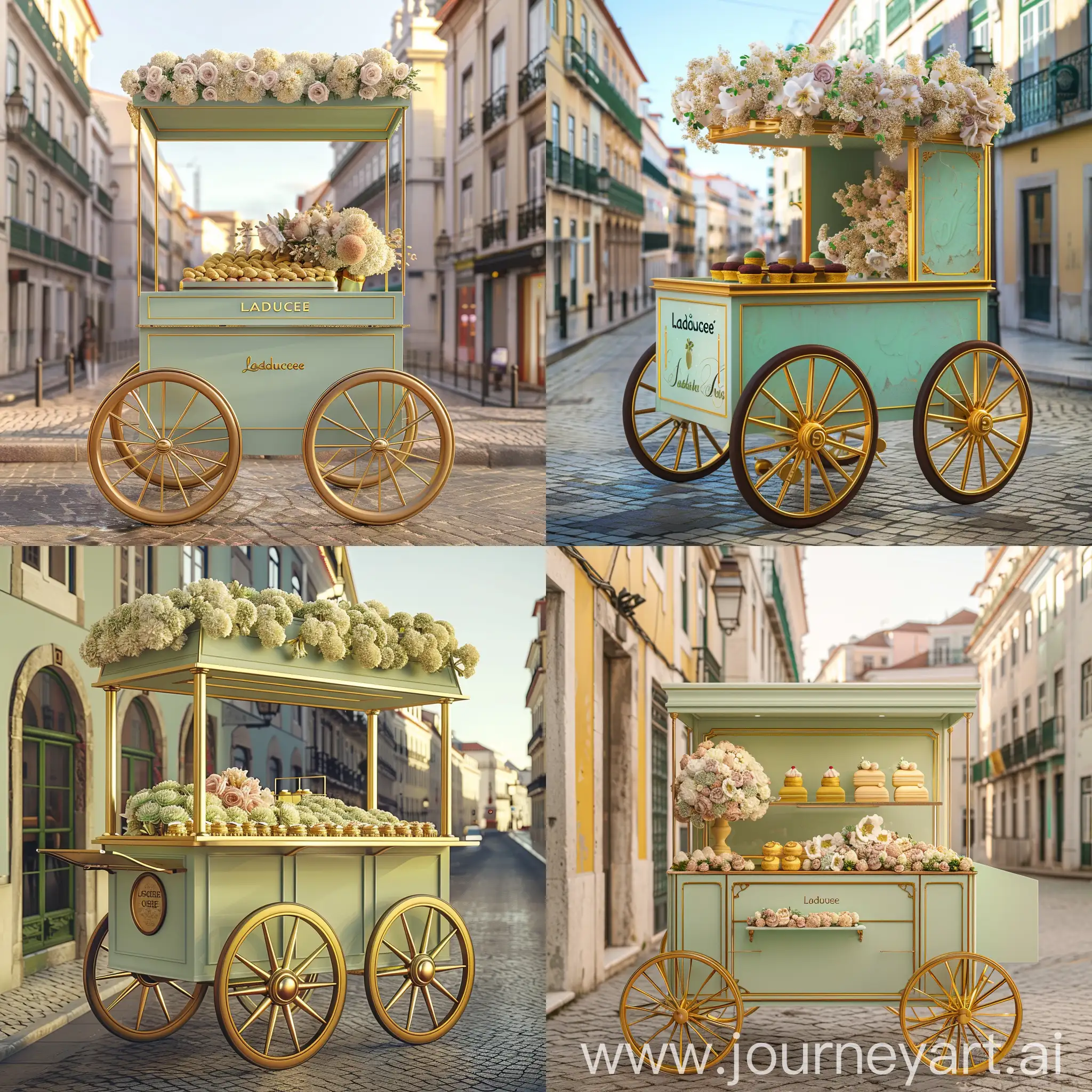 тележка в стиле  Laduree Paris с витриной с цветами, фисташковый и золотой цвет , много спицевые колеса, задний фон : улицы лиссабона, фотореалистик