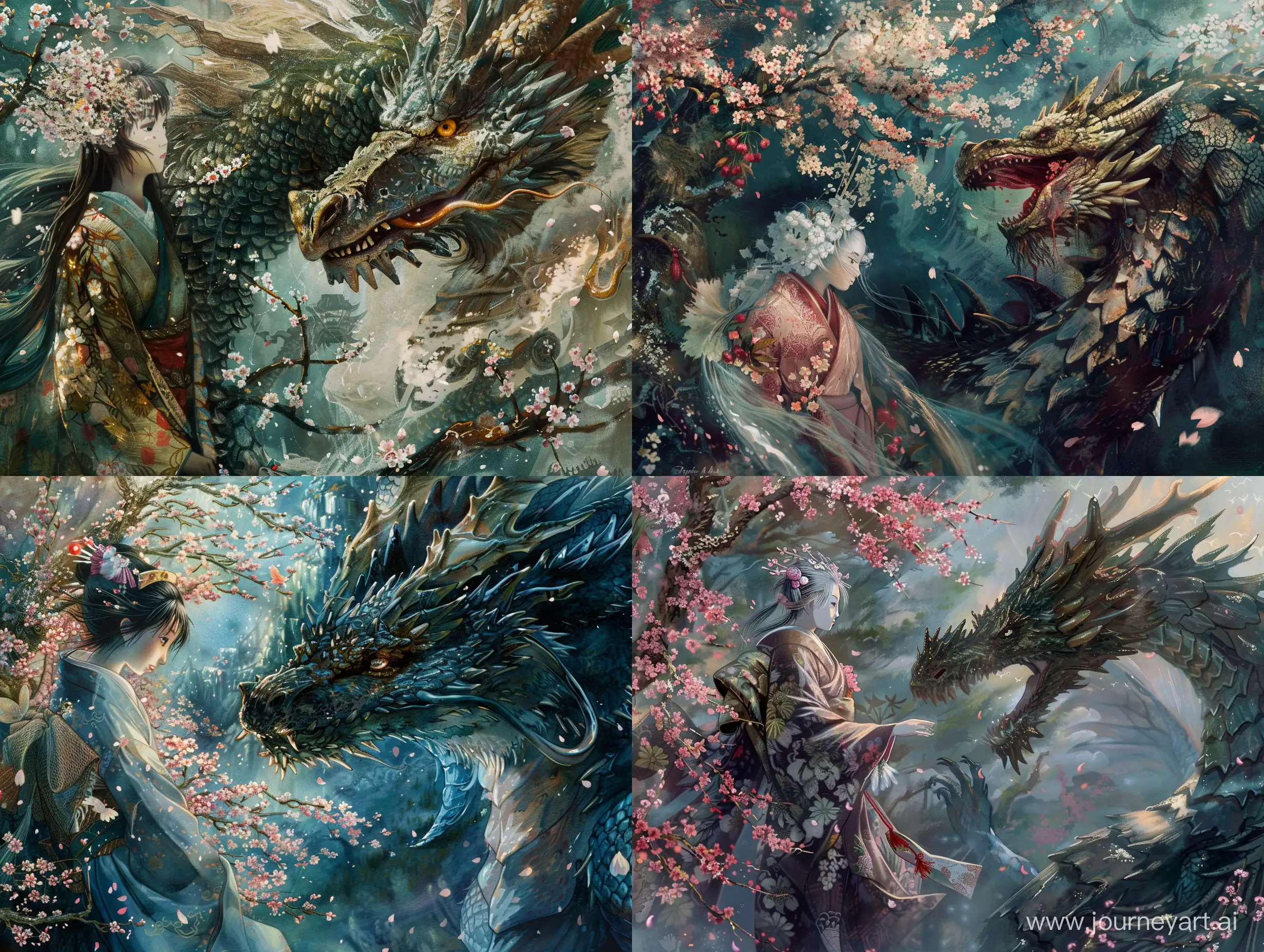In the lush world of Spirited Away, a mesmerizingly juxtaposed duo emerges: a graceful kami spirit and a fierce dragon, their contrasting beauty and power captured in a majestic painting. The kami spirit embodies ethereal elegance with flowing robes adorned in blooming cherry blossoms, while the mighty dragon exudes strength in every sinewy scale and piercing gaze. This stunning image skillfully intertwines nature's allure with mythical might, inviting viewers to marvel at the harmonious blend of beast and beauty.