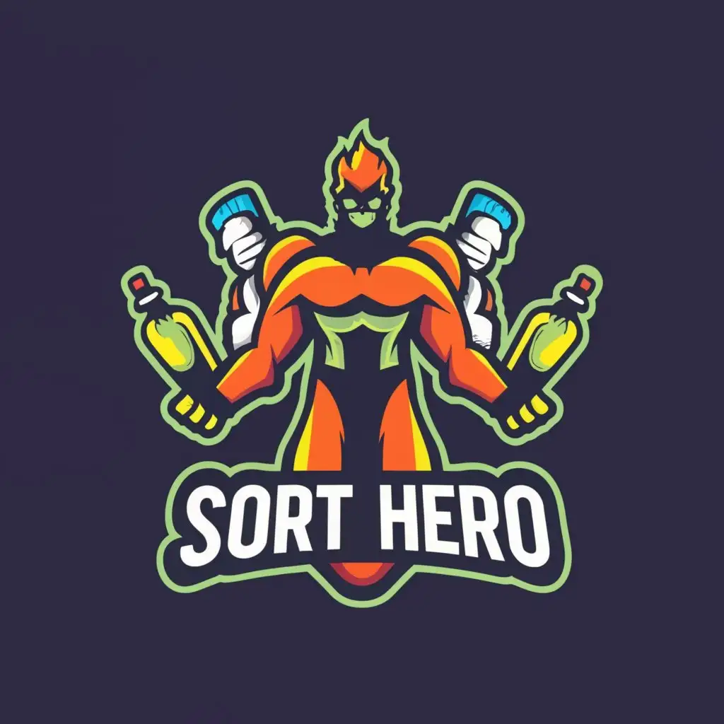 a logo design,with the text "Sort Hero", main symbol:Hero With 3 Liquid Bottles In Hand Dark Background,complex,be used in Entertainment industry,clear background