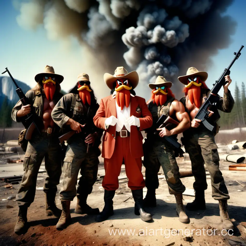 yosemite sam. posing with six humans, modern survivalist, dressed in camo clothing, with rifles,   after nuclear blast, everything on fire in background, color photo