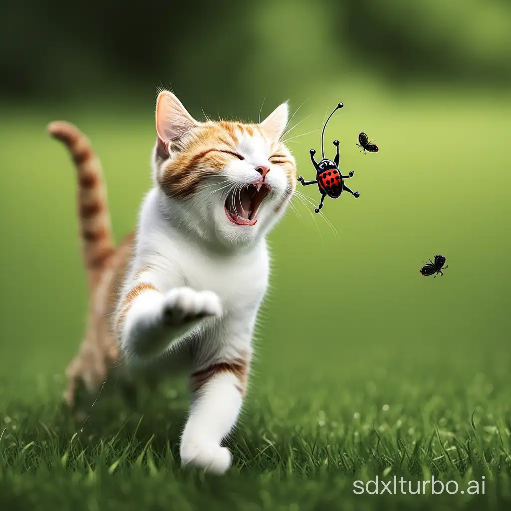 a happy  cat playing with a bug