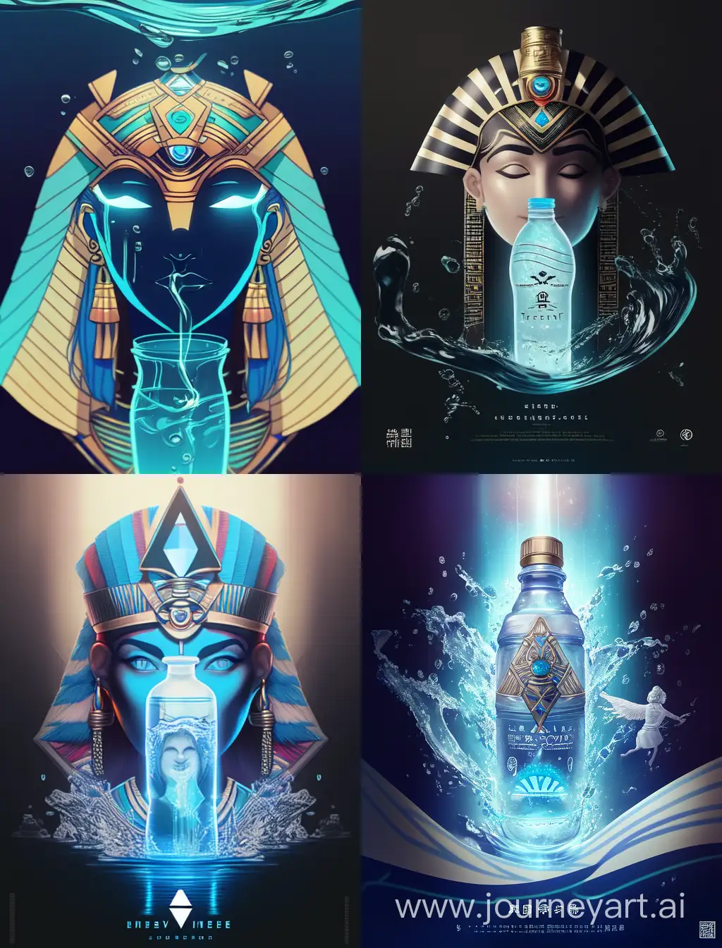 Imagine an advertising poster for water bottles with dim white lighting, with a Pharaonic design with the face of a Pharaonic girl in ancient Egypt, and it contains a statement of Nile River water.