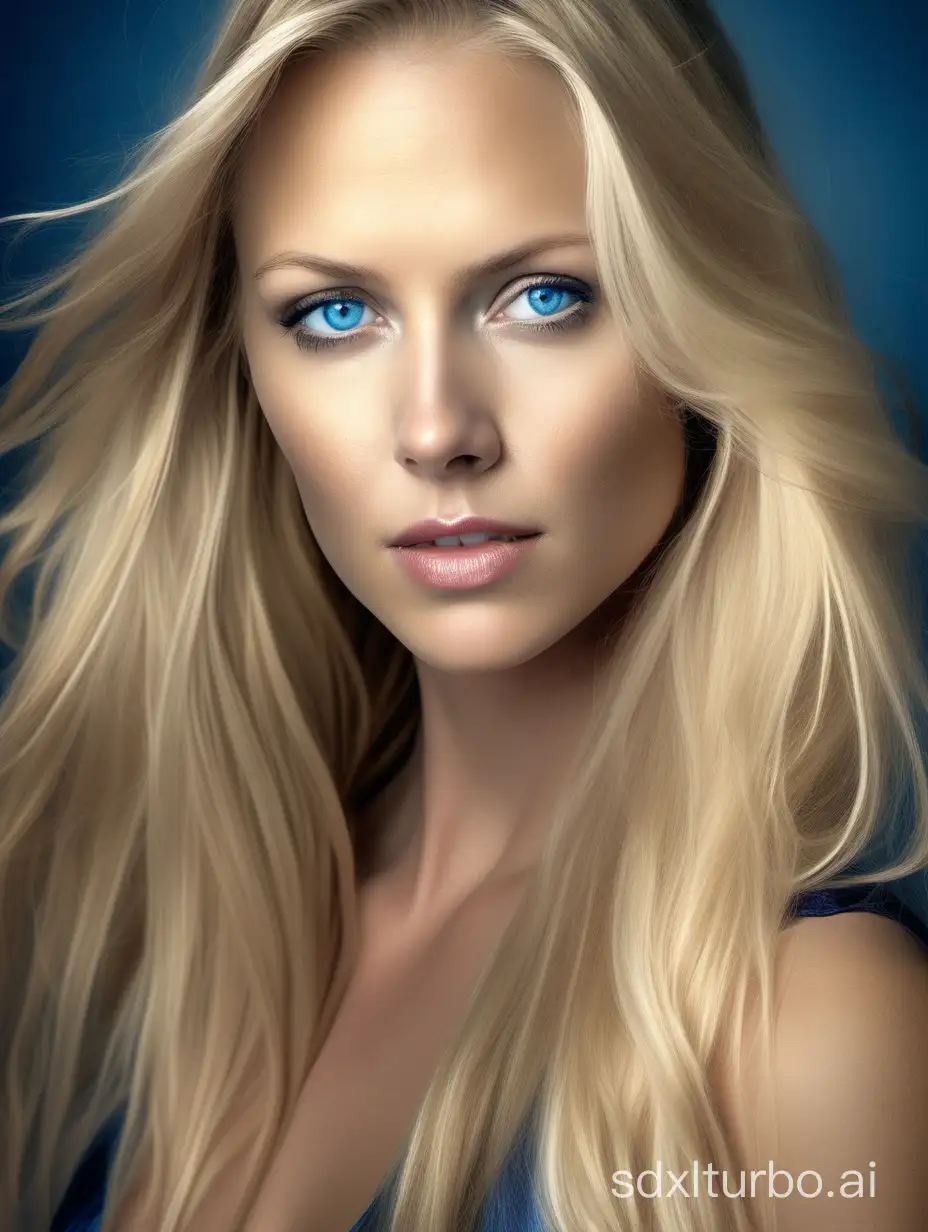 Raw Photo A stunning, photo-realistic portrait of a woman who could be considered the most beautiful in the world. She has long, silky blonde hair and piercing blue eyes. Wearing an extremely low-cut top that highlights her exquisite figure, she exudes confidence and elegance. The background is soft and subtle, allowing the focus to remain solely on her mesmerizing beauty.
