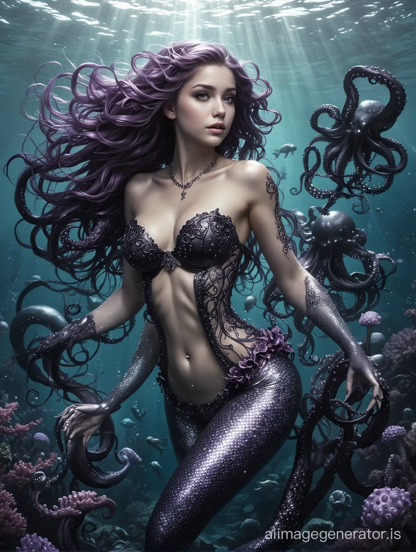 A mermaid swimming deep in the ocean and she has long lilac Black and her bustier black and silver she was around the black octopus
