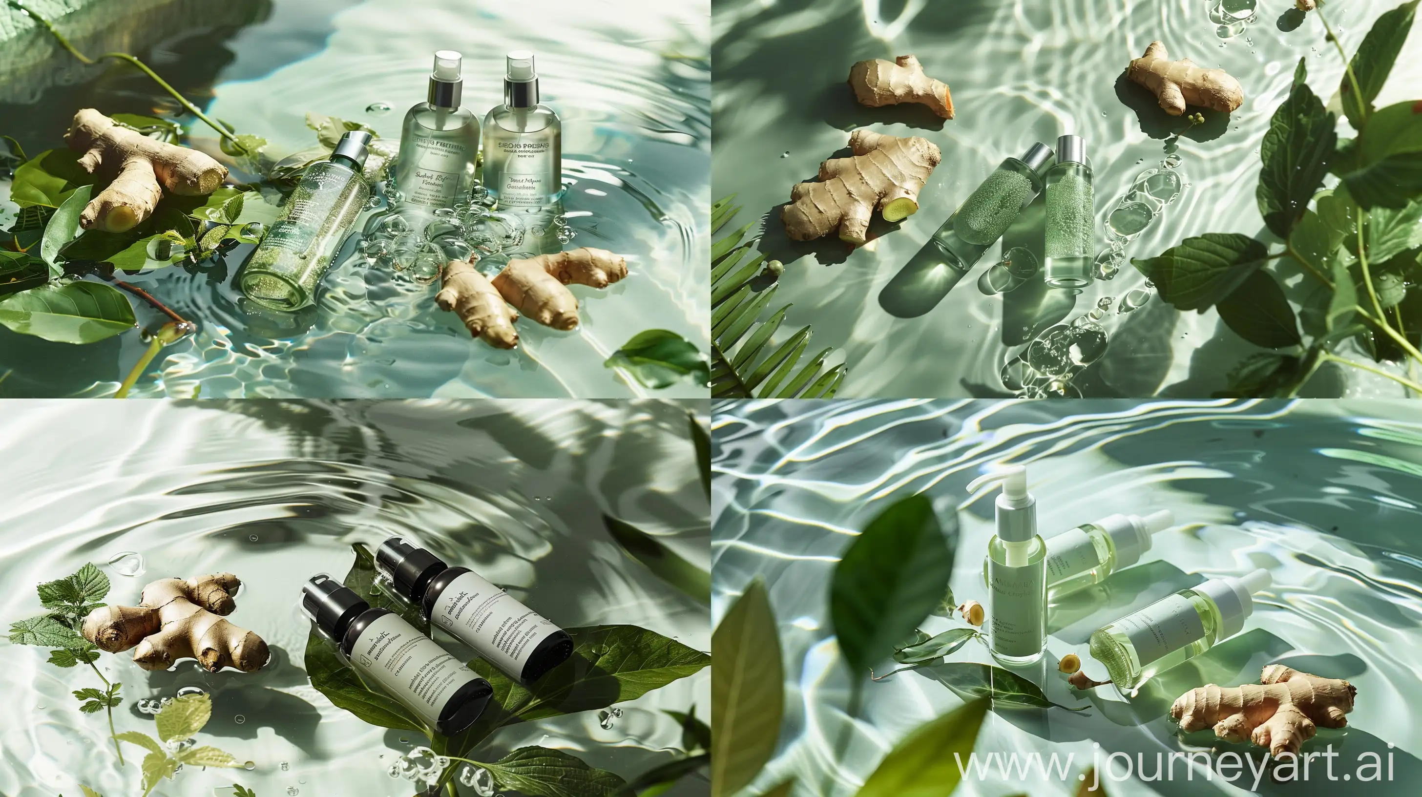 /imagine prompt:Product photo, two cosmetic bottles, lying on the water surface green, with ginger and perilla leaves on the water, natural, reflections and mirroring, water applied to the product, beautiful soft light and shadow from the right --ar 16:9 --style raw