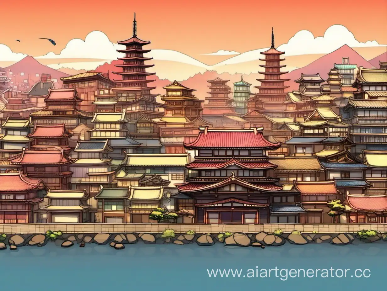 Японский город,длинная панорама, фон для игры