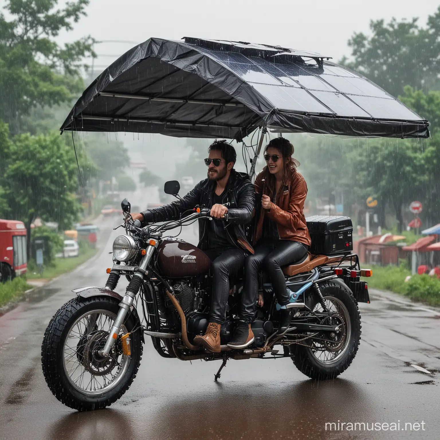 Aesthetic Motorcycle with Roof and Solar Panels Sheltering Two People from Rain