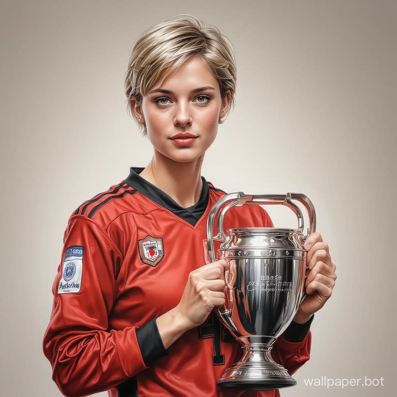 sketch young Diana de Bussy light short hair 4 breast size narrow waist In red and black football uniform holding big champions cup white background high realism drawing with colored marker