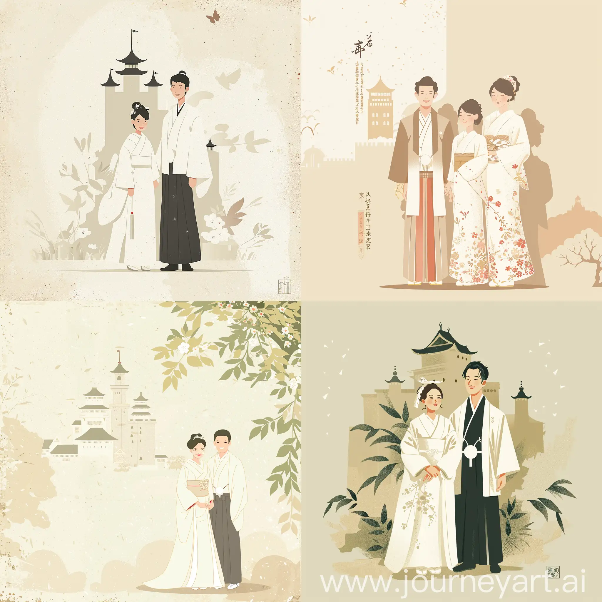 Cottagecore style, japanese a wedding invitation of the pure bride and groom, ((traditional wedding style)) affectionately standing front, white japan style, charming, design, delicate shadows, backround castle, Coexistence, emotional illustration,