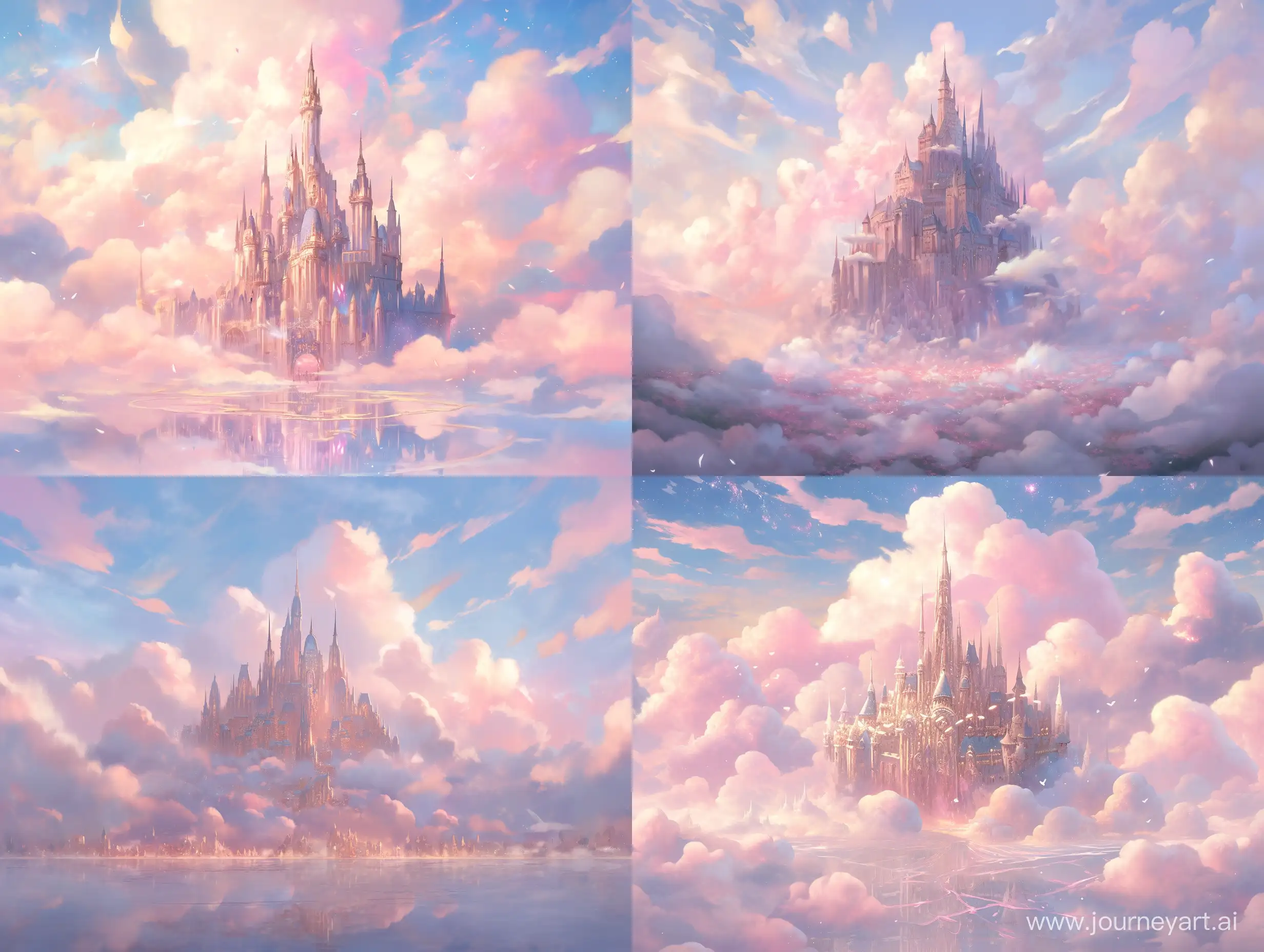 The picture features a soft and gentle style, with a light blue and light pink sky as the background. The sky is filled with clouds, creating a dreamy and serene atmosphere. The clouds are scattered throughout the sky, adding depth and dimension to the scene. 

In addition to the sky and clouds, there is a castle visible in the picture, which adds a touch of fantasy and intrigue to the scene. The castle is surrounded by a large, fluffy cloud, further enhancing the sense of wonder and magic in the image. Overall, the picture is a beautiful and captivating representation of a peaceful and enchanting landscape. --ar 4:3 --niji