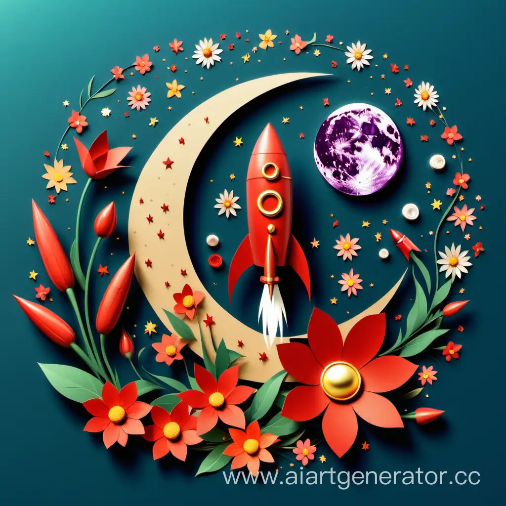 Spring-Celebration-Greeting-Card-FlowerShaped-Design-with-Moon-Rocket-and-March-8th-Theme