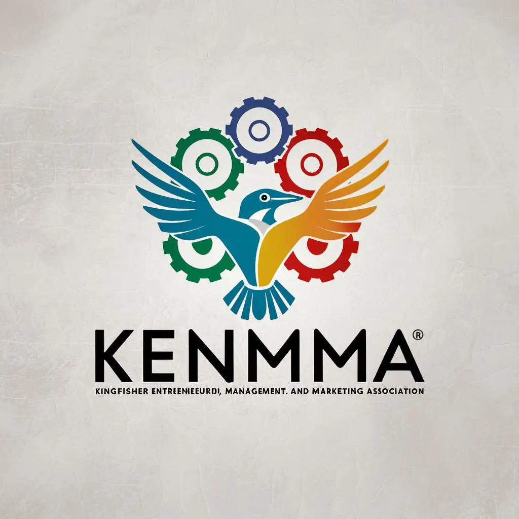 logo, Sure, here's a concept for a KENMMA logo:

The logo features a stylized kingfisher bird with its wings spread wide, symbolizing the association's dynamic and forward-thinking nature. The bird is depicted in vibrant colors to represent creativity, energy, and enthusiasm.

Behind the kingfisher, there are three interconnected gears or circles, each representing one aspect of the association: entrepreneurship, management, and marketing. These gears/circles symbolize the synergy and collaboration among different disciplines within KENMMA.

Below the imagery, the acronym 'KENMMA' is written in bold, modern font, with 'Kingfisher Entrepreneur, Management, and Marketing Association' spelled out in smaller, sleek text underneath, creating a balanced and cohesive design.

Overall, the logo conveys professionalism, innovation, and unity, reflecting the values and objectives of KENMMA as a student-led organization dedicated to empowering future business leaders., with the text "KENMMA (Kingfisher Entrepreneur, Management, and Marketing Association)", typography, be used in Education industry