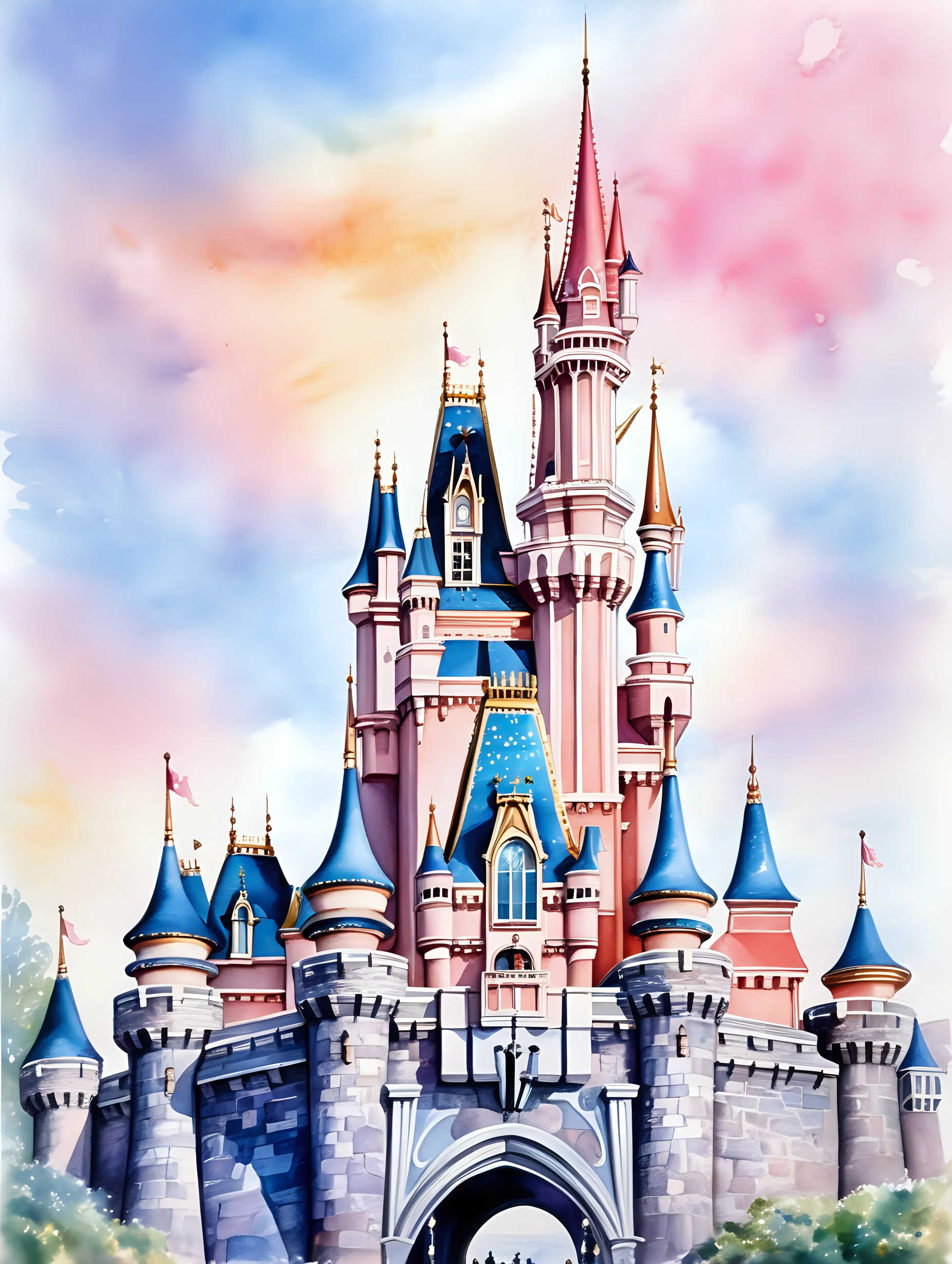 Disneyland castle watercolor painting, majestic, set in the daytime, bright and light, pastel colors, no sky or background 