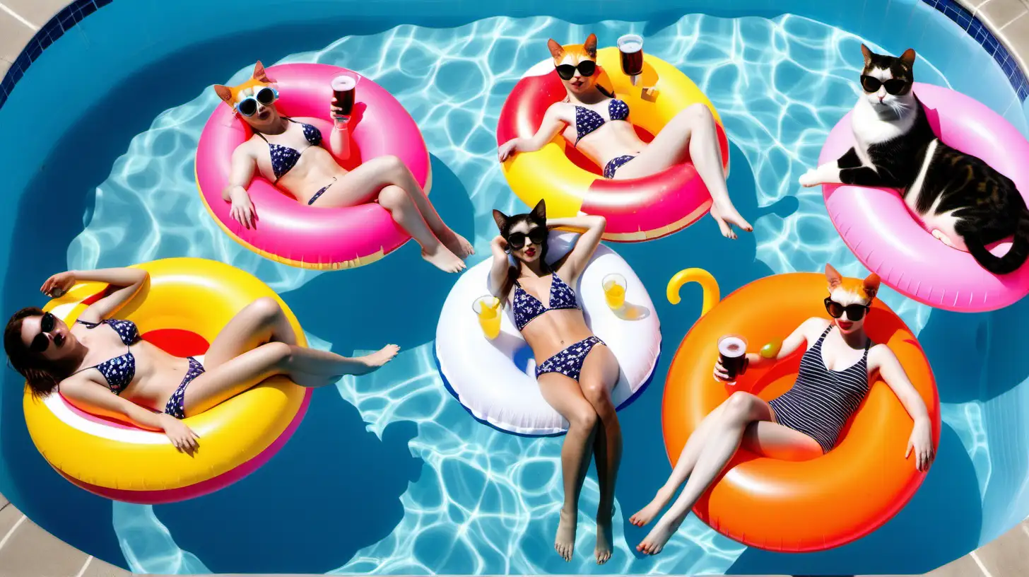 six cats in a swimming pool, laying on pool floats, enjoying a vacation, some holding drinks, wearing sunglasses, viewed from above