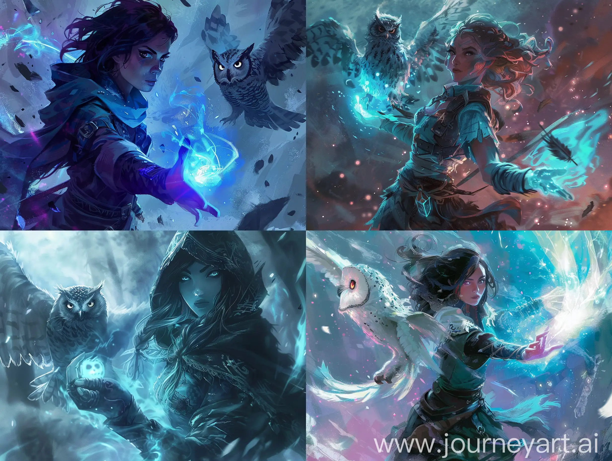 Mage girl with a spirit glowing owl leage of legends splash art style
