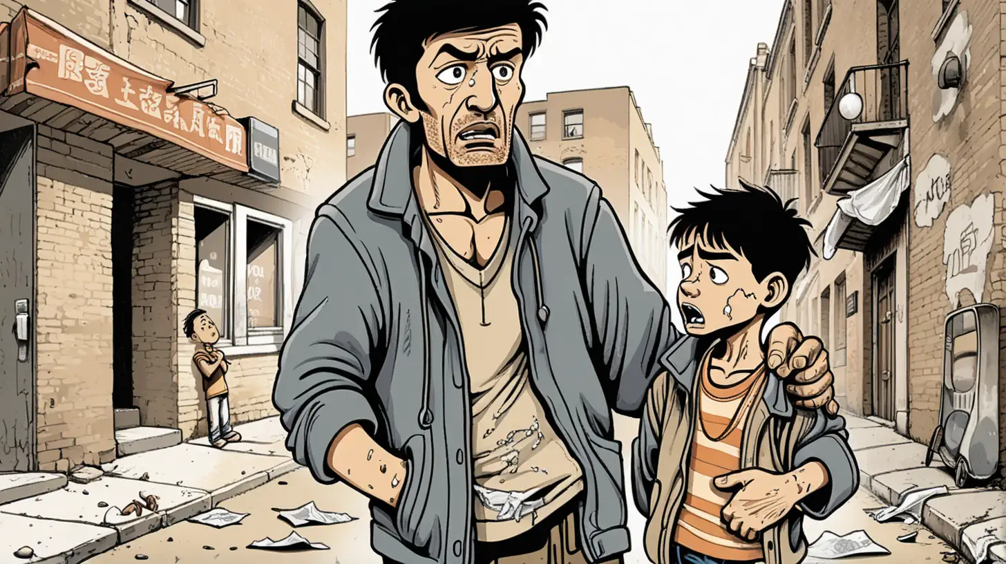 a cartoon of poor man with torn clothes holding a young boy on the street and the man looks worried 
