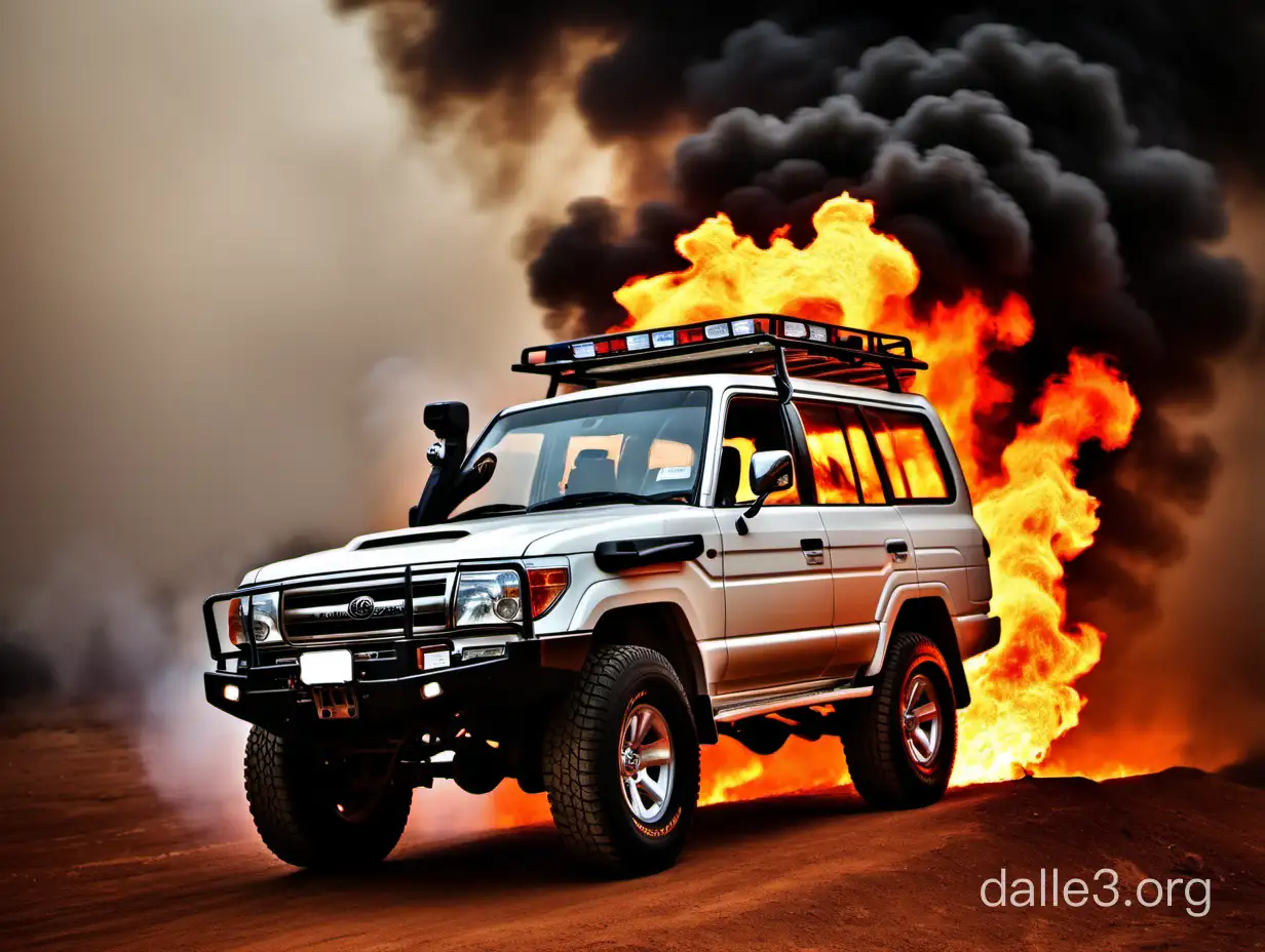 Land Cruiser with fire and smoke background for wallpaper