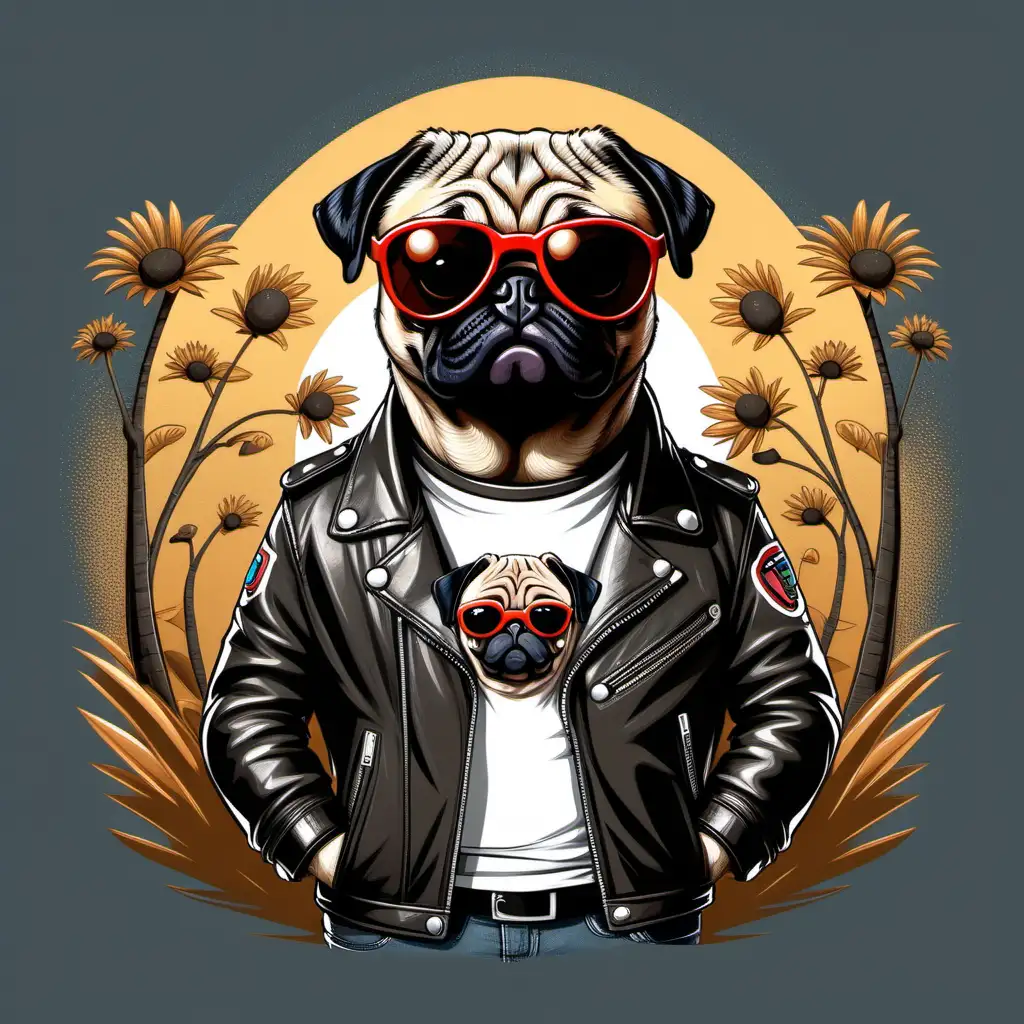 cartoon pug wearing sunglasses and a leather jacket, t-shirt design --ar 2:3 --v 5.2
