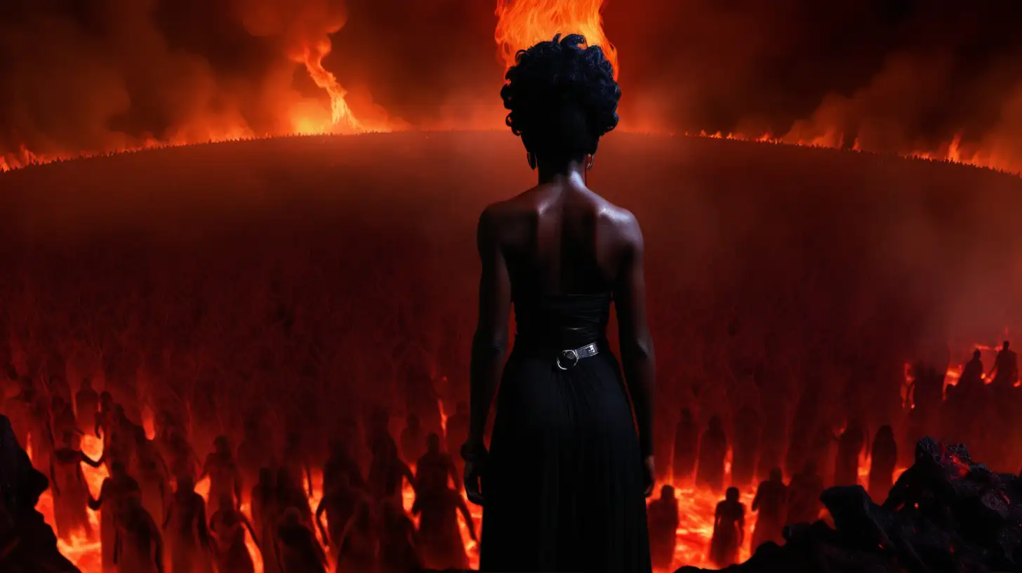 a black lady in hell looking at the lake of fire with thousands of people screaming in it