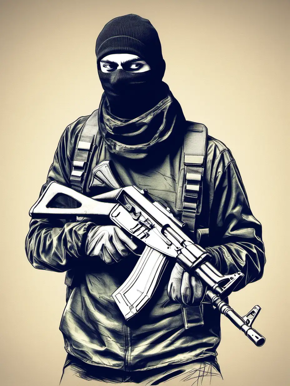 Armed Figure in Balaclava Holding AK47 Sketch | MUSE AI