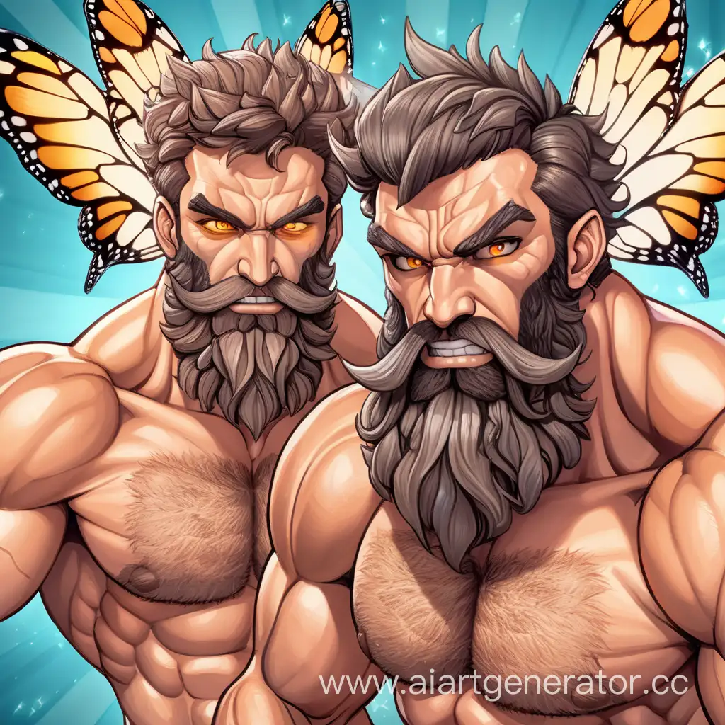 Двое накаченных волосатых, бородатых, мускулистых мужиков-мотыльков с крыльями и фасеточными глазами смотрят в камеру