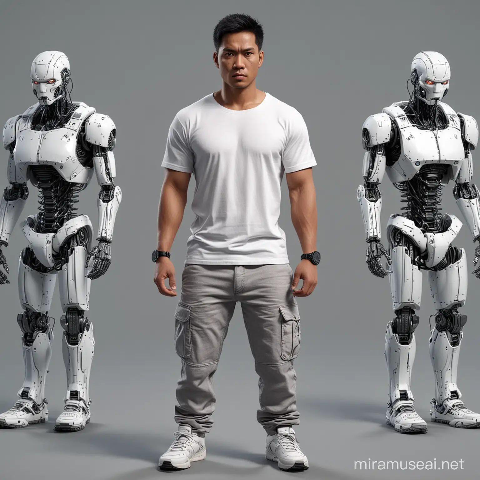 image of a 30 year old Indonesian man with a serious face, wearing white t-shirts, short striped cargo pants, sneakers, half of his face and head are robots, looks like a terminator, 3D, 4K, realistic