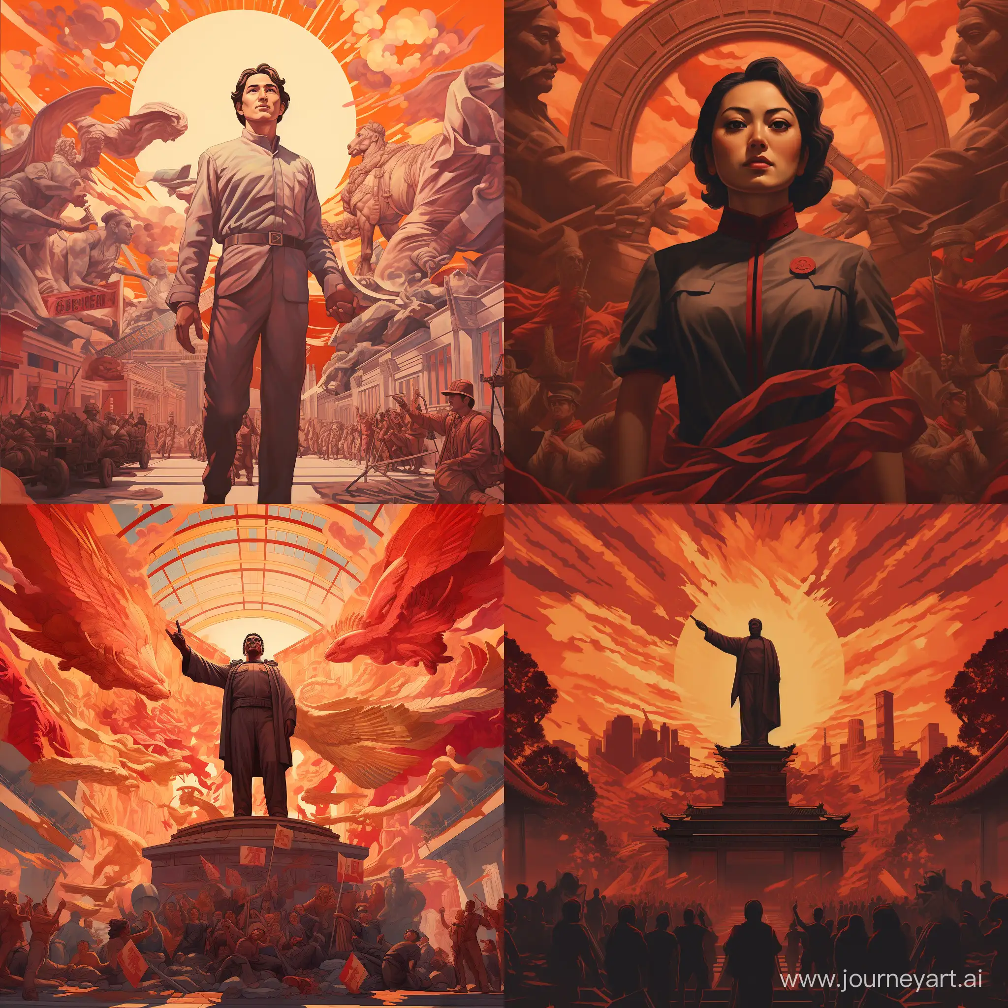 用苏式的绘画风格画一副中国百年后的北京
崇尚英雄主义，雕像
各种飞行器
红色为主色调
