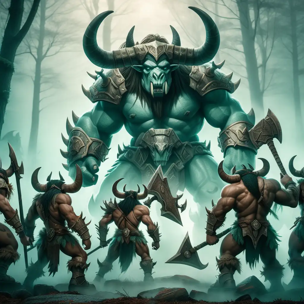 un grupo de minotauros guerreros, de diferentes formas, con armaduras y hachas preparados para la batalla, en un bosque con niebla, detras de un ello un monstruo con cuernos y magia verde