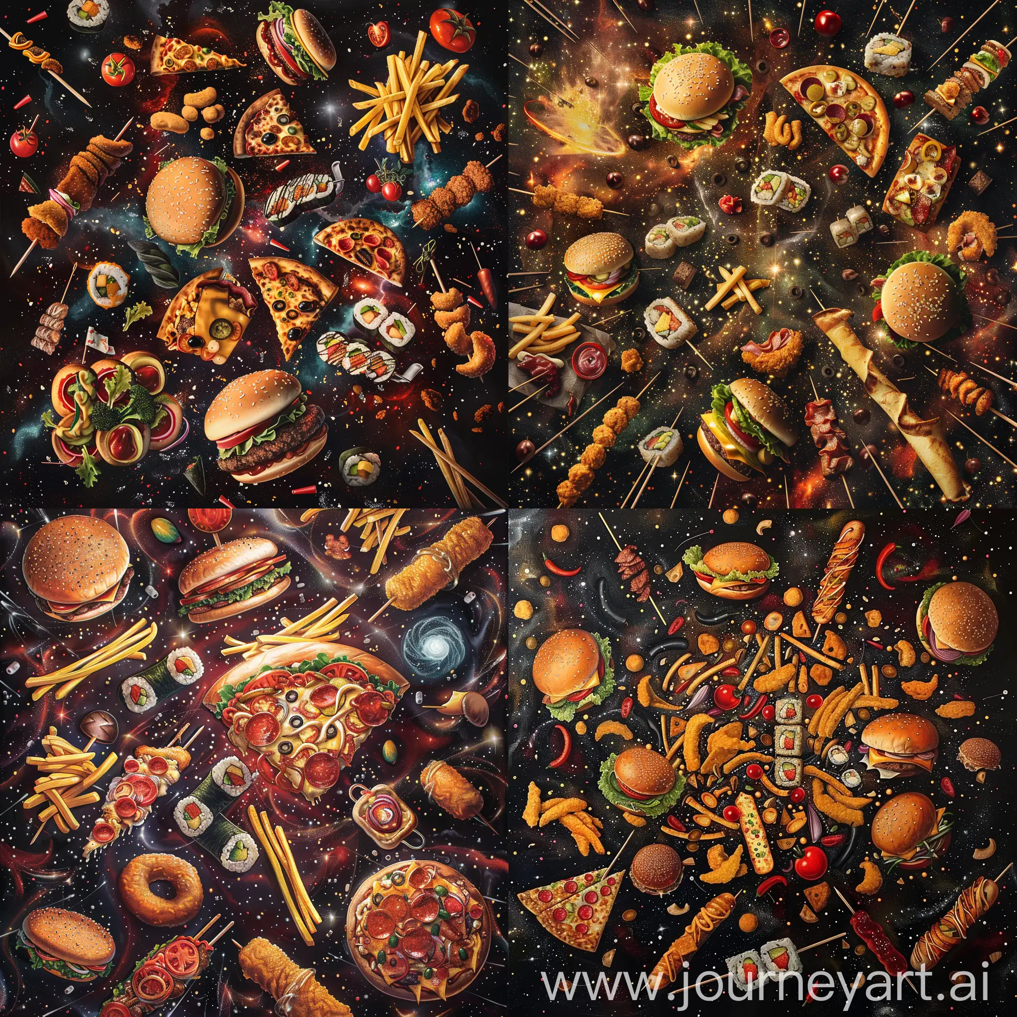 галактика состоящая из бургеров, пиццы, японских роллов, картошки фри, наггетсов, шашлыка