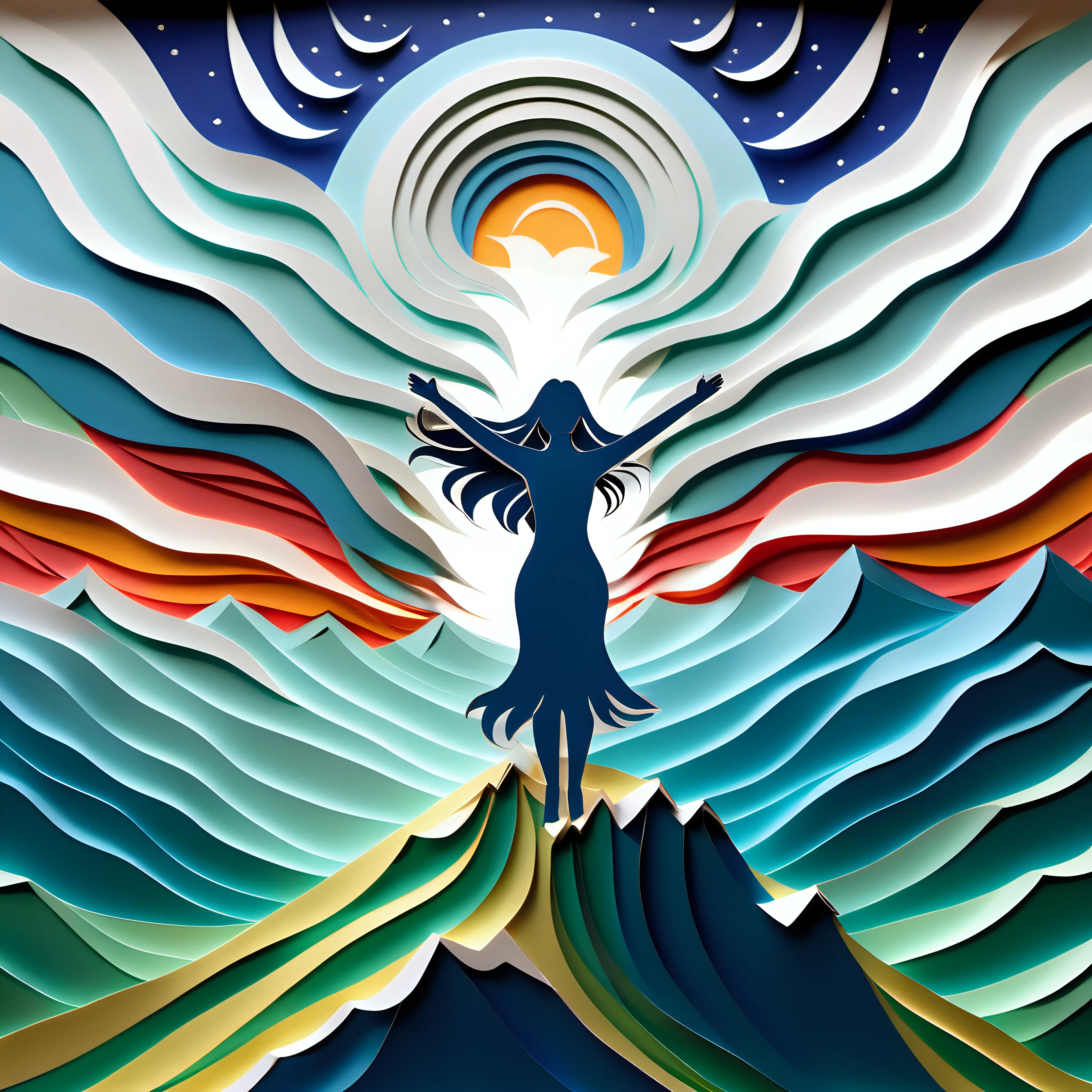 Women with long flowing hair, Standing on mountain top, arms stretched to the sky, celebrating life, paper cutout, multilayered,