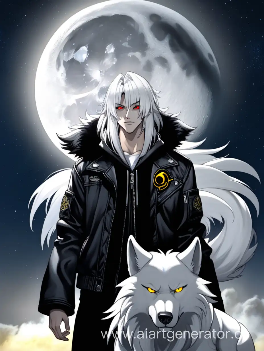 Парень полу-волк с белыми волосами, в черной куртке с мехом на капюшоне, желтыми глазами и пушистым хвостом стоит под луной в центре которой красный глаз смотрящий на парня