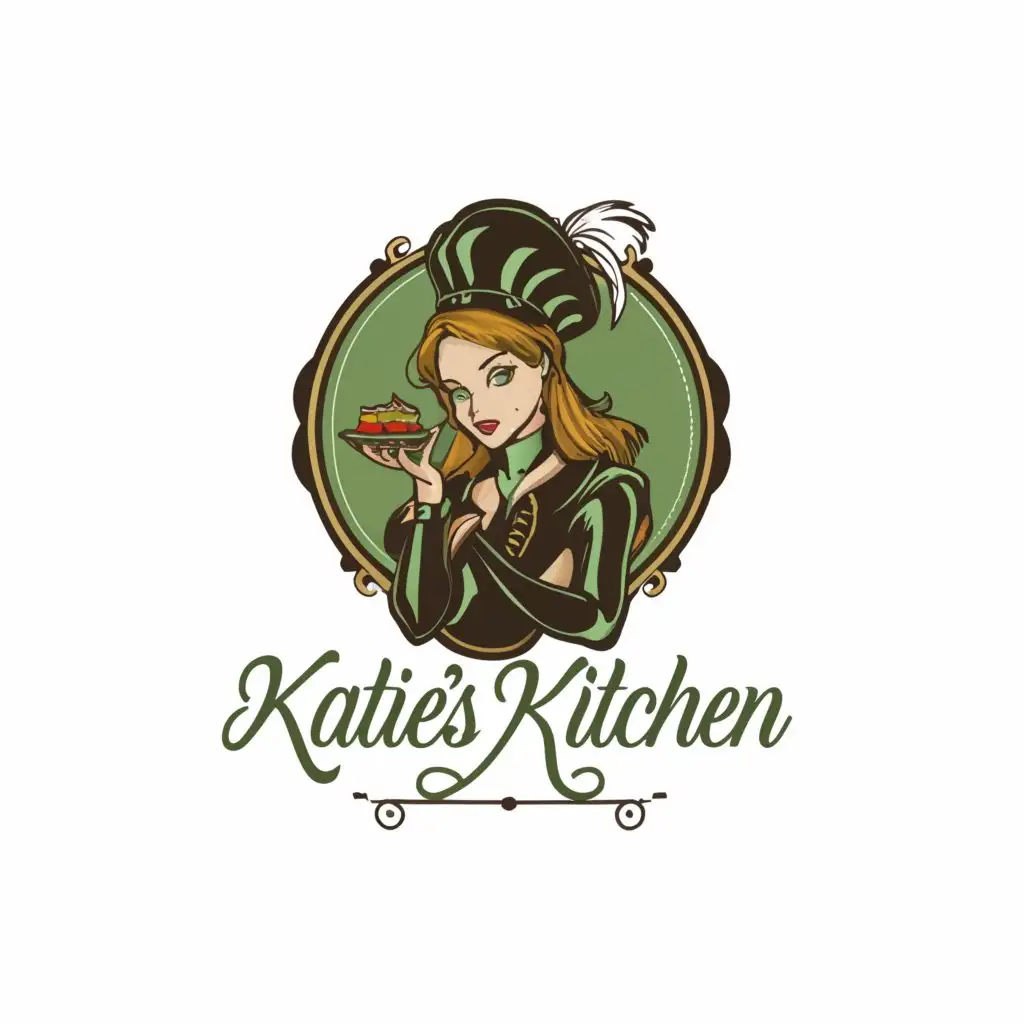 a logo design,with the text "Katie's Kitchen", main symbol:emerald green, black and gold colors with a gothic type vibe of a female chef eating a heart shaped cake,Moderate,clear background
