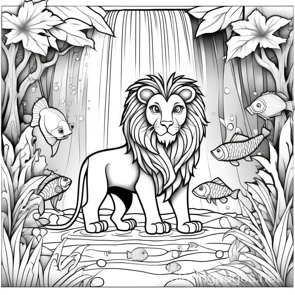 Picture a creature resembling a mix of a lion and a fish, dwelling in a magical waterfall. coloring pages black and white, Coloring Page, black and white, line art, white background, Simplicity, Ample White Space. The background of the coloring page is plain white to make it easy for young children to color within the lines. The outlines of all the subjects are easy to distinguish, making it simple for kids to color without too much difficulty