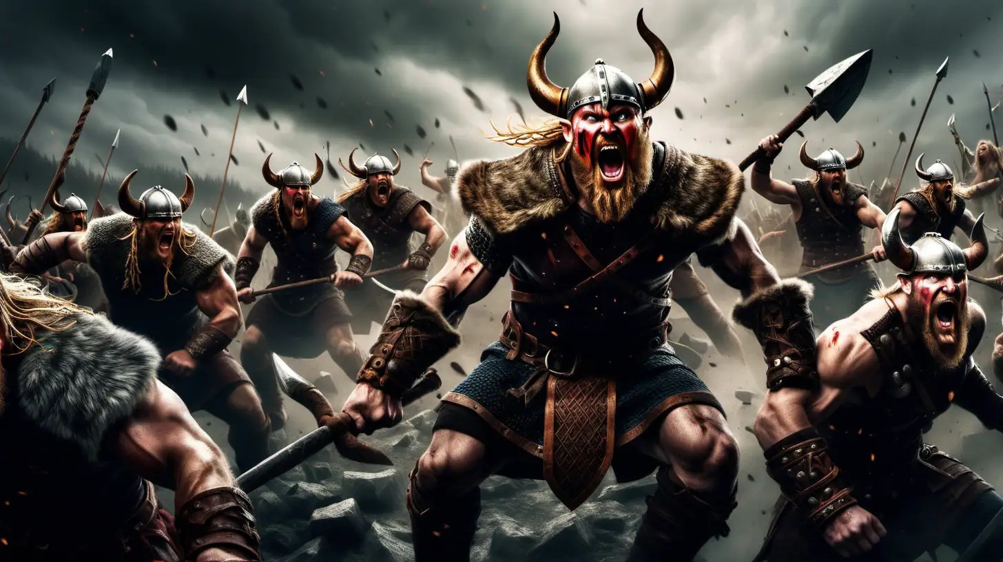 create an epic, vivid image of viking berserkers going crazy in battle