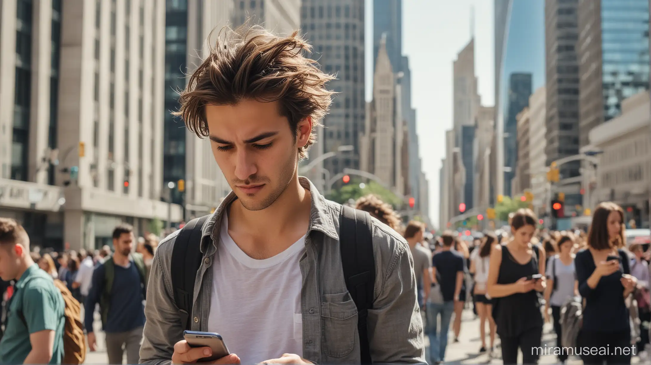  Bustling City Street (Day):  A crowded sidewalk with towering skyscrapers in the background. People walking hurriedly, some looking at their phones. Lio, a young man in his 20s with messy hair, looking down at his phone with a tired expression